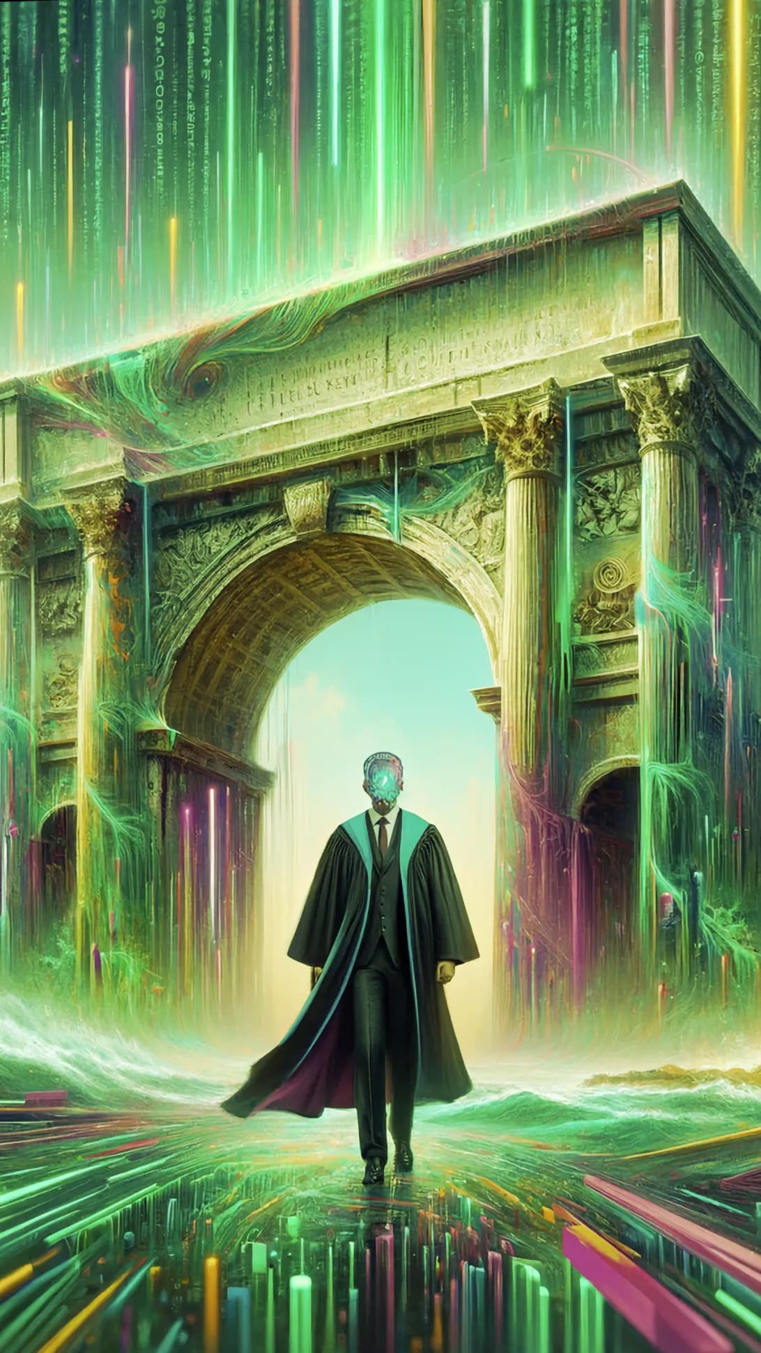 an ai lawyer standing in front of the golden gate in Pula