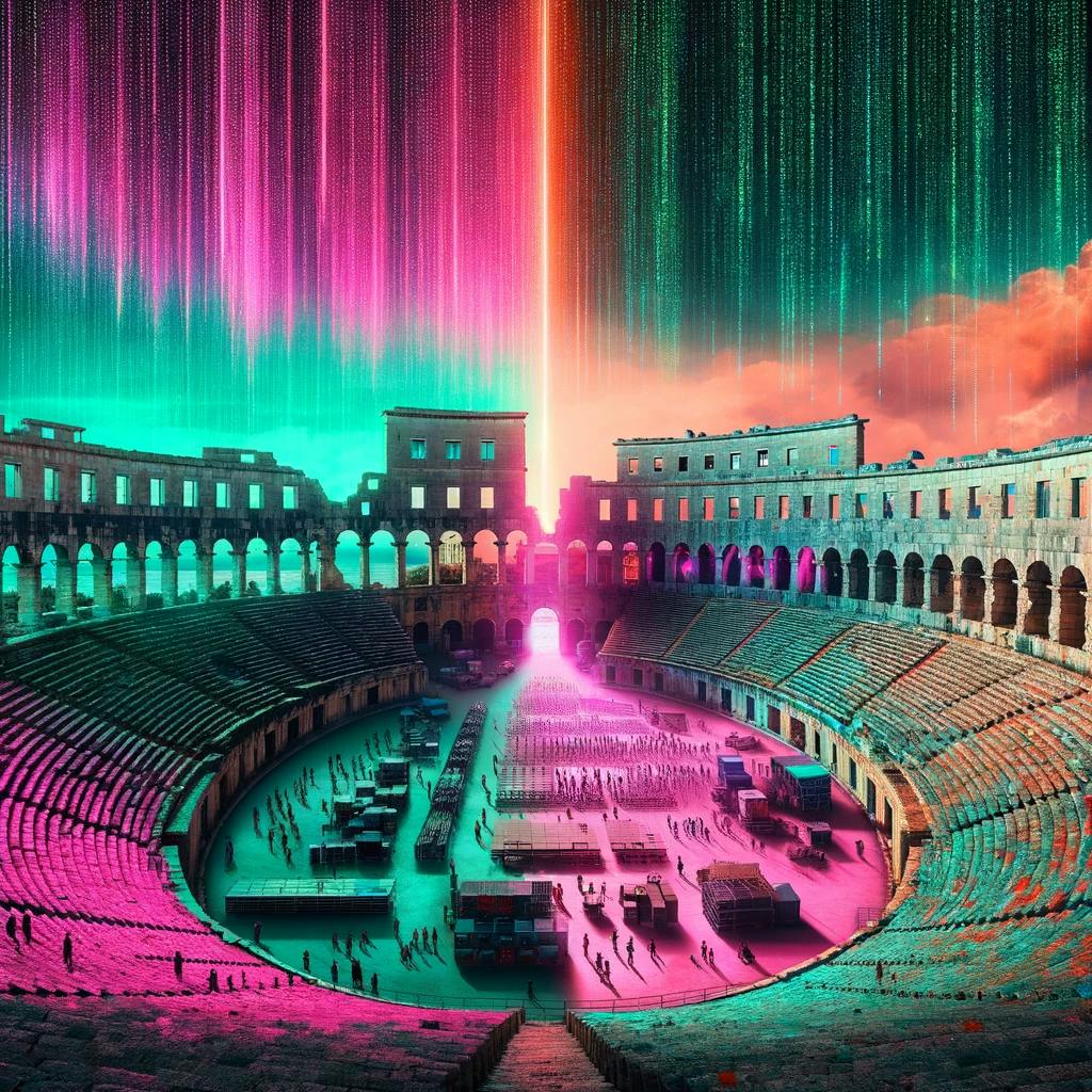 an image of the pula arena full of people working on a big computer together